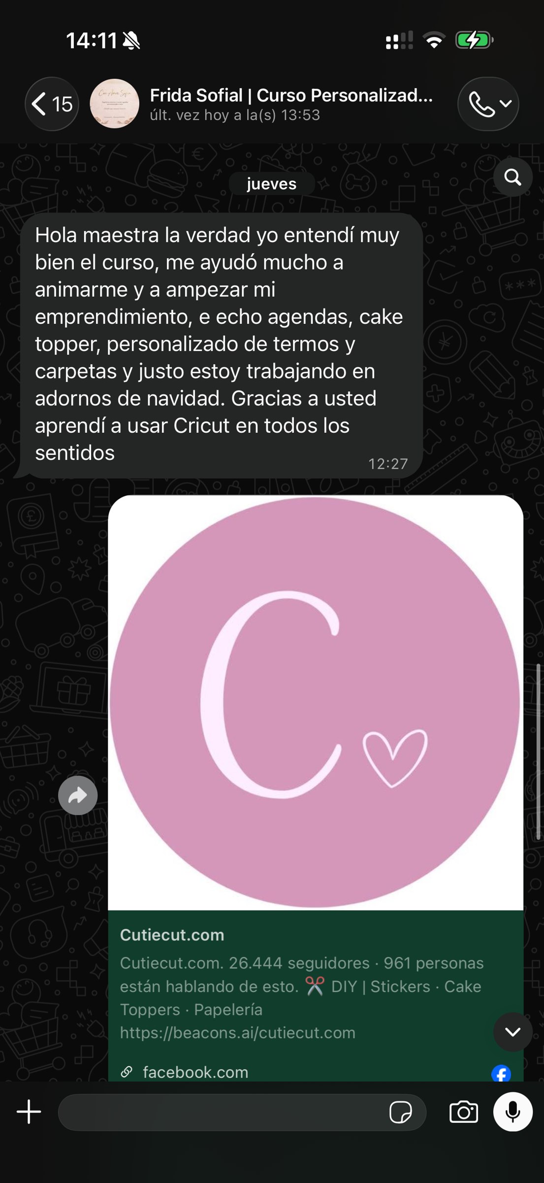 Captura del mensaje de Frida Sofía